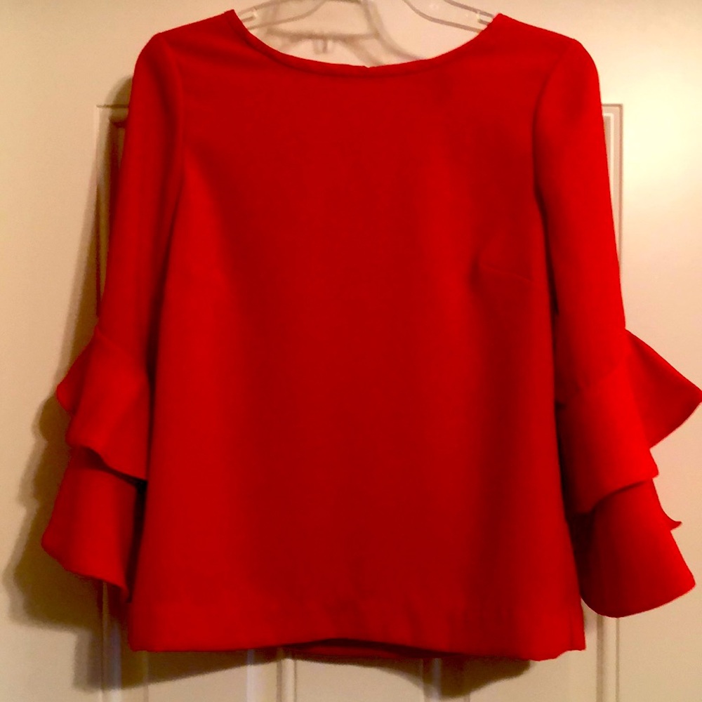 J. Crew Red Loose 3/4 Ruffle Sleeve Blouse- EUC Sz 4